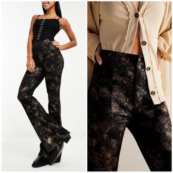 Free People Jayde Metallic Printed Flare Jeans in Black Tie Size 27 - Picture 1 of 16